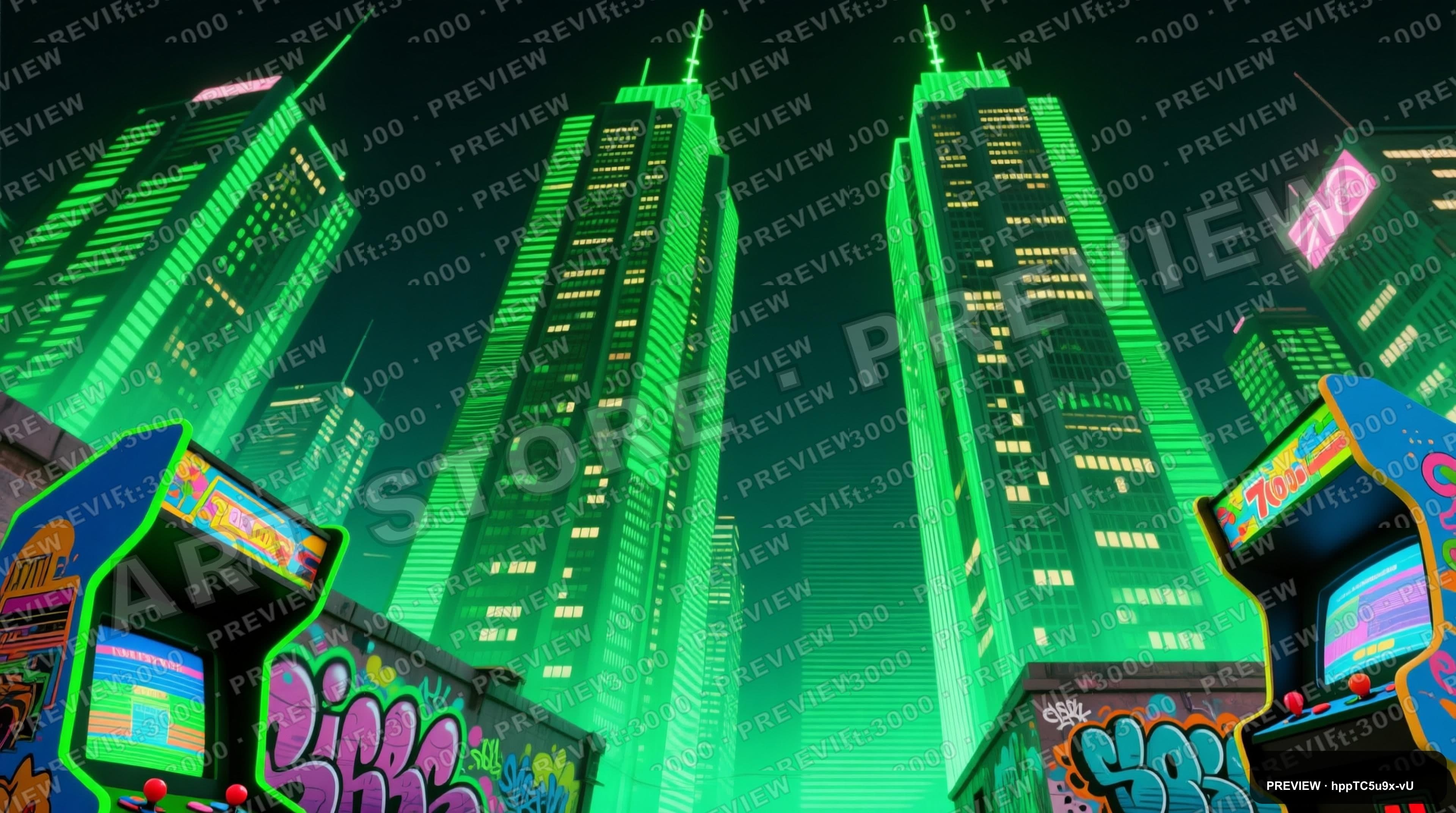Skyscrapers, Retro Arcade aesthetic, Street Art, Playful mood, Neon Green acc... — wallpaper — 3840×2144, Neon, Cinematic, Playful