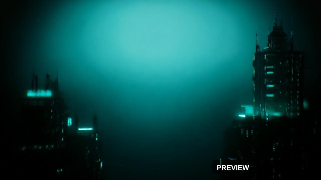 Skyline, Steampunk aesthetic, Film Grain, Mysterious mood, Neon Cyan accents,... — wallpaper — 1280×720, Neon, Cinematic, Mysterious