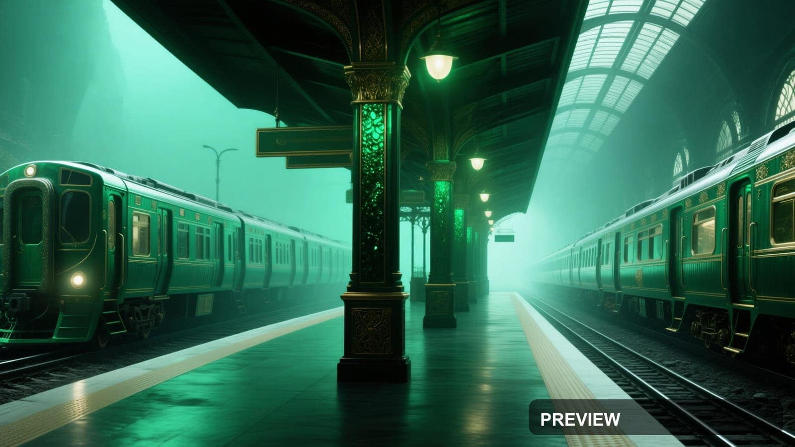Train Station, Dreamcore aesthetic, Album Cover, Luxurious mood, Emerald acce... — wallpaper — 3840×2160, Space, Cinematic, Soft