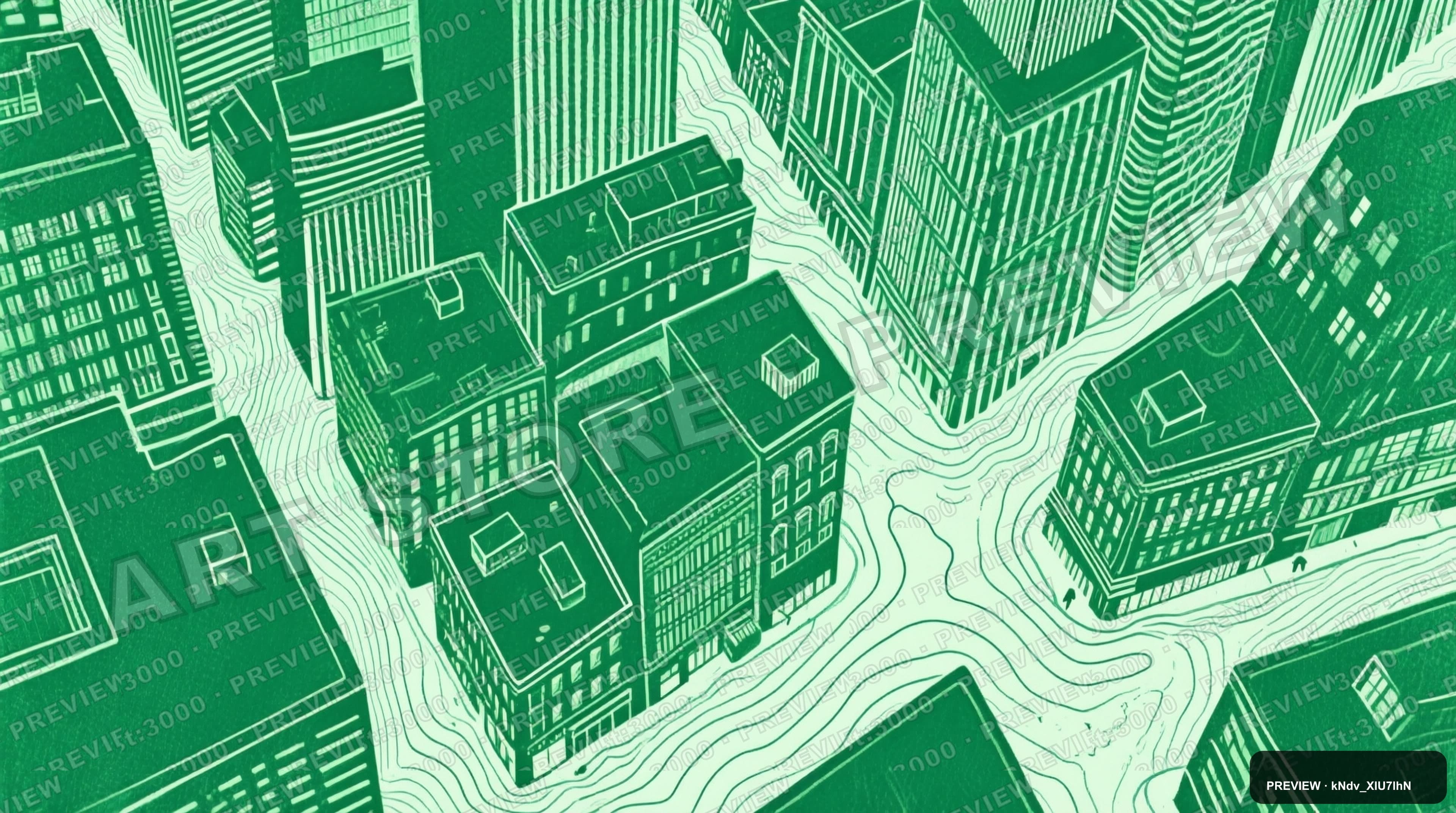 Downtown, Fantasy aesthetic, Risograph, Meditative mood, Green accents, Topog... — wallpaper — 3840×2144, Space, Cinematic, Soft