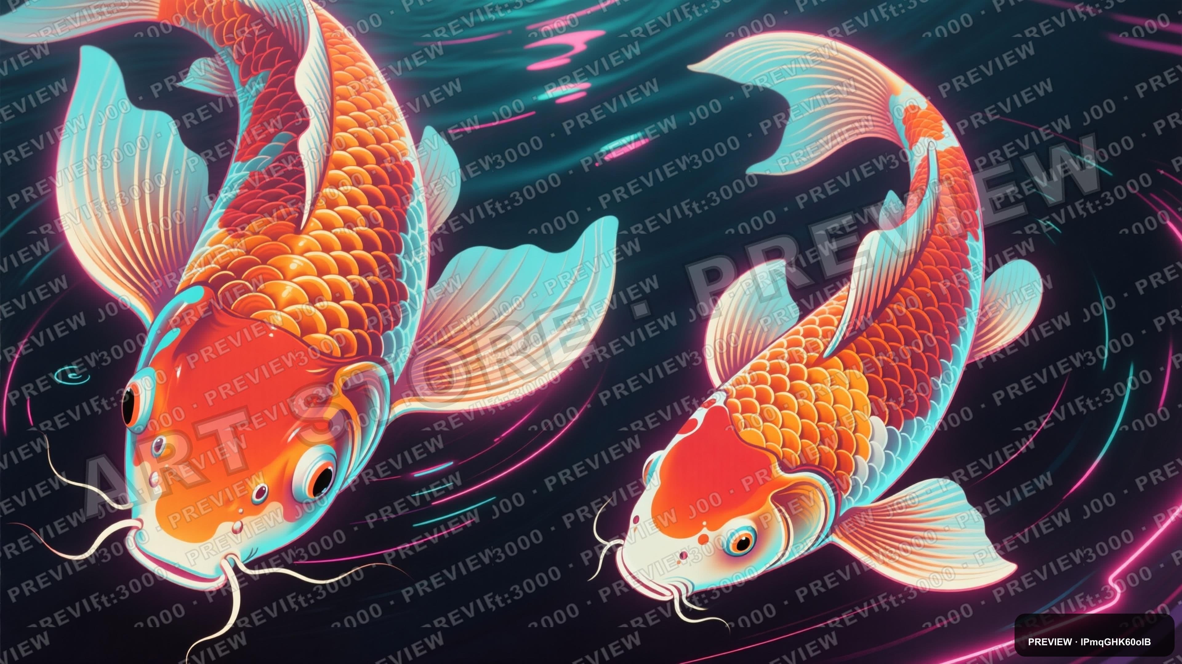 Koi Fish, Synthwave aesthetic, Retro Poster, Serene mood, Warm Palette accent... — wallpaper — 3840×2160, Neon, Cinematic, Serene