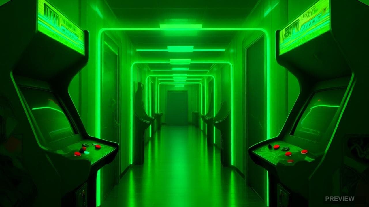 neon retro arcade hallway, vibrant neon green, cinematic lighting, ultra deta... — wallpaper — 1280×720, Neon, Cinematic