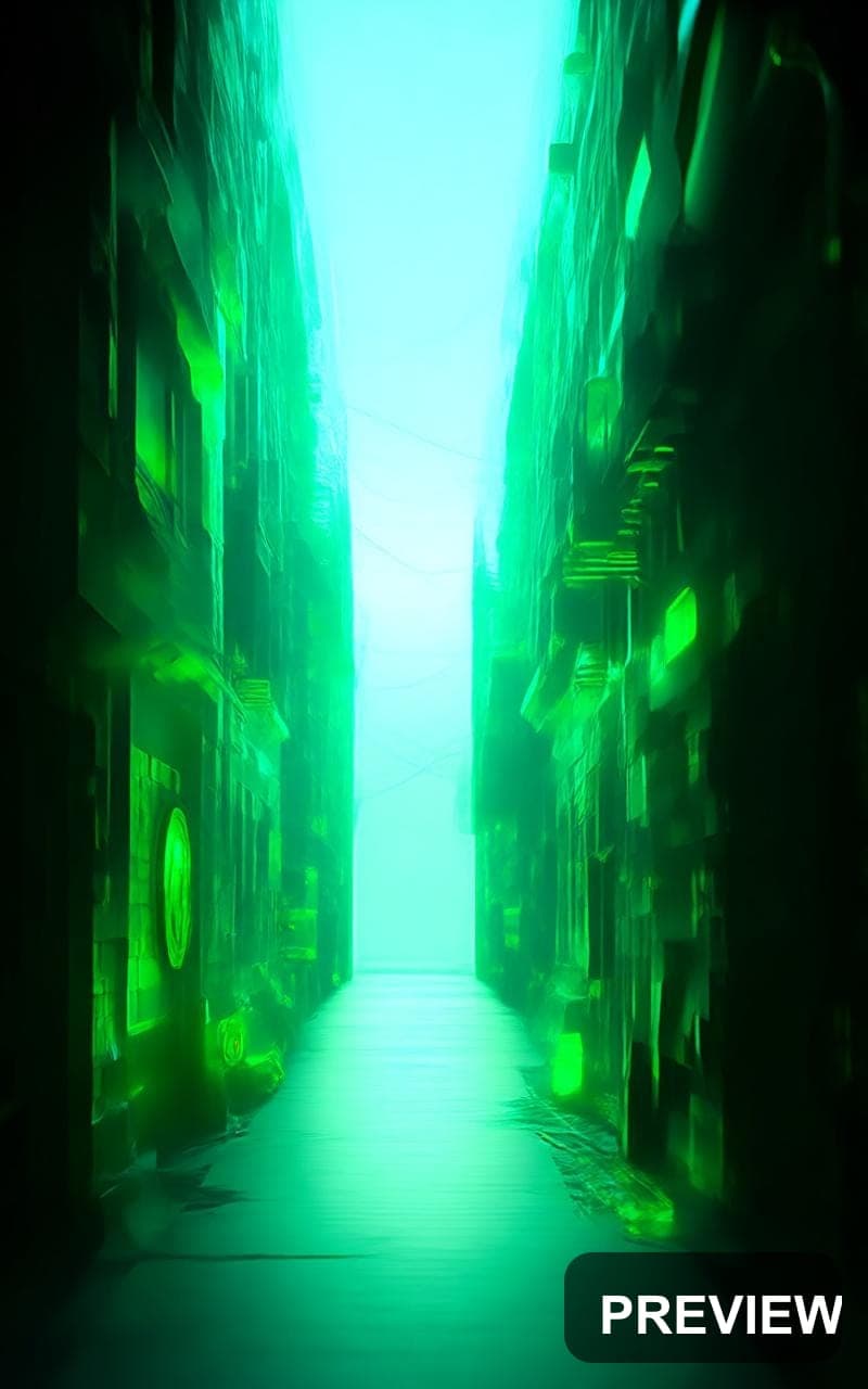 Alley, Solarpunk aesthetic, Holographic, Playful mood, Emerald accents, high ... — wallpaper — 800×1280, Space, Cinematic, Soft
