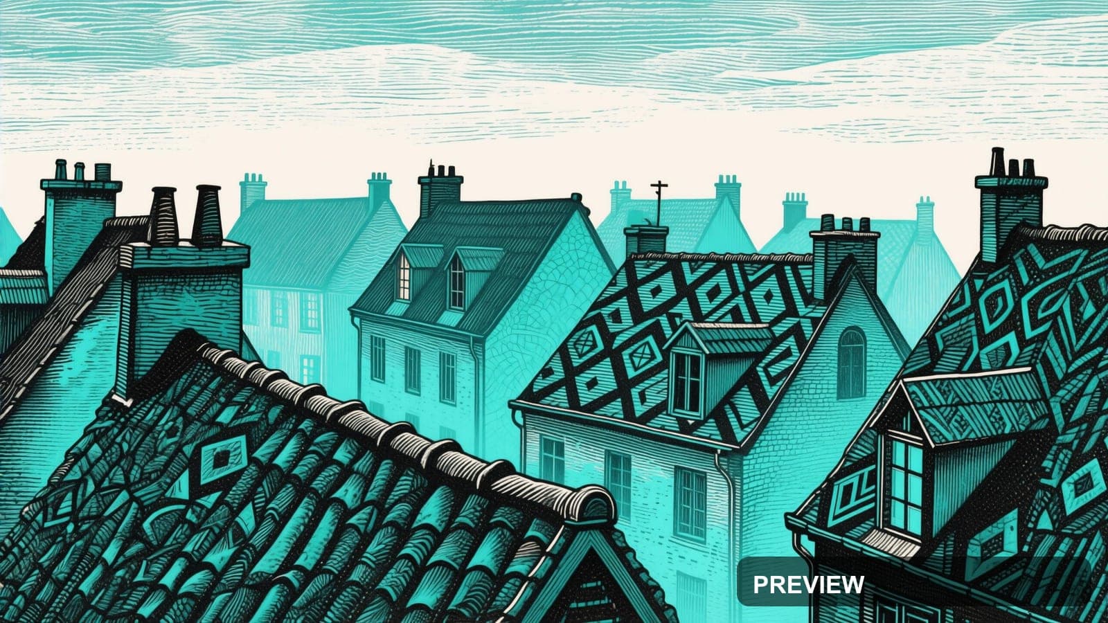 Rooftops, Mystic aesthetic, Etching, Serene mood, Turquoise accents, Tessella... — wallpaper — 3840×2160, Space, Cinematic, Serene