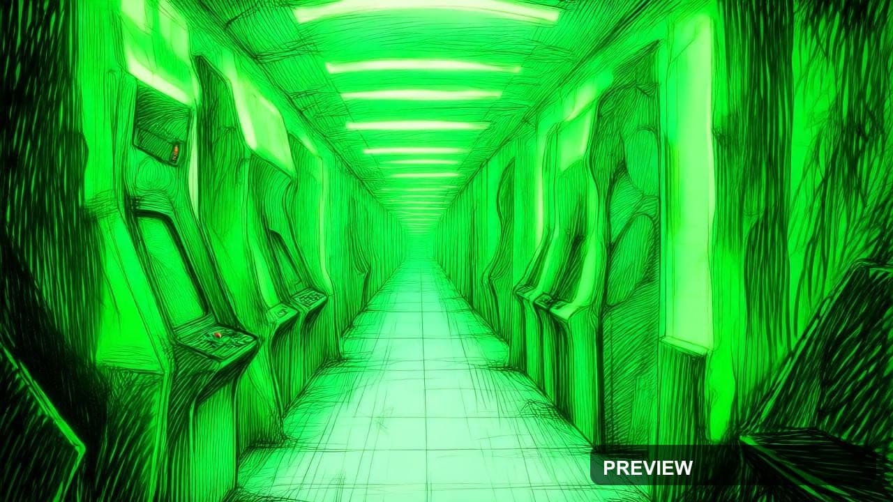 Arcade Hallway, Dreamcore aesthetic, Pencil Sketch, Energetic mood, Neon Lime... — wallpaper — 1280×720, Neon, Cinematic, Energetic
