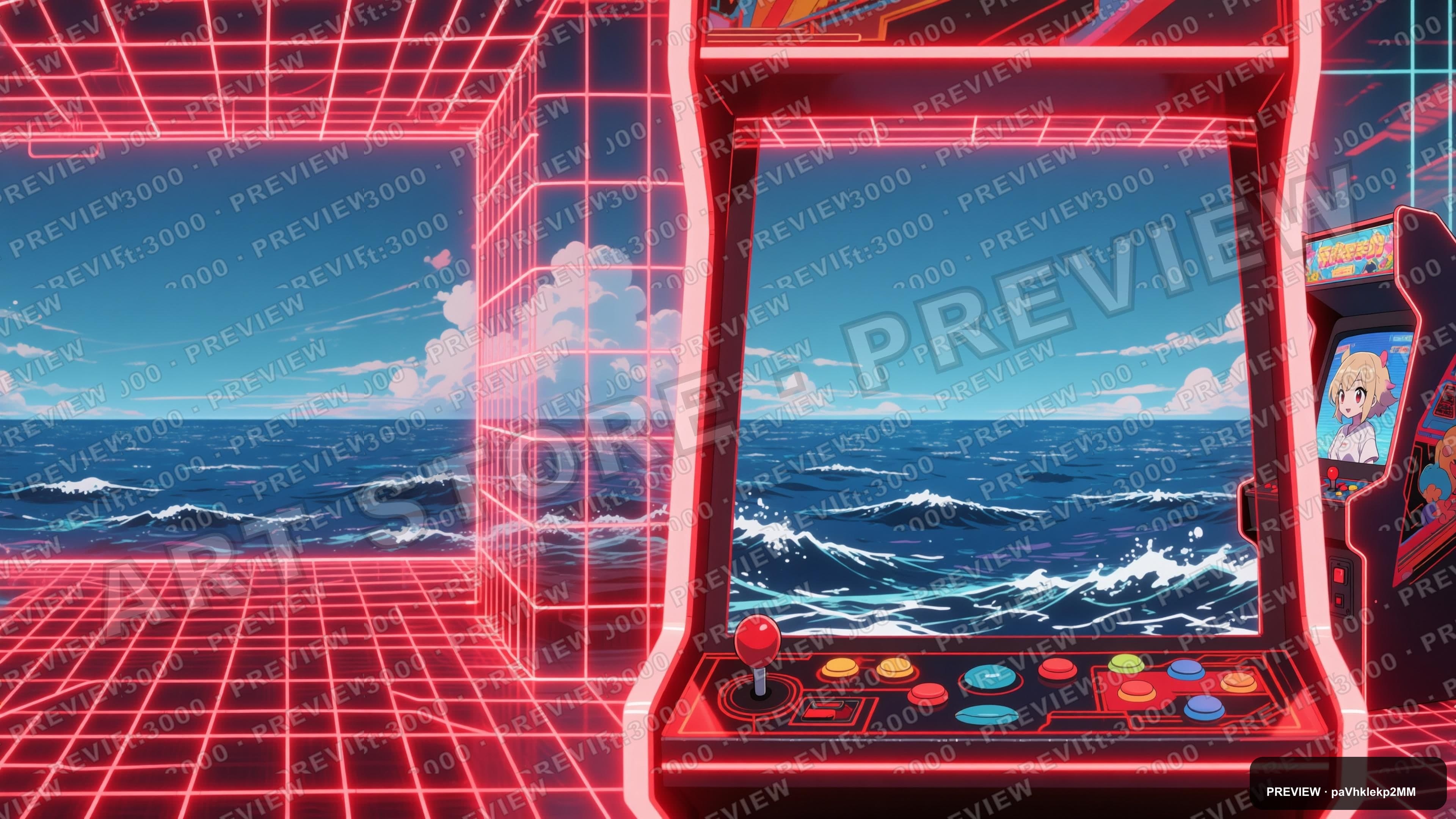 Ocean, Retro Arcade aesthetic, Anime, Playful mood, Neon Red accents, Neon Wi... — wallpaper — 3840×2160, Neon, Cinematic, Playful