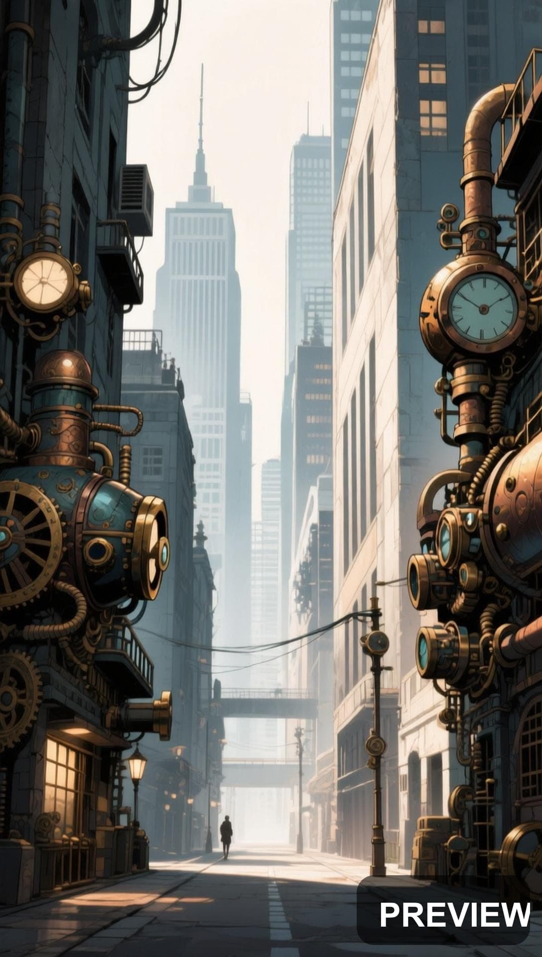 Downtown, Steampunk aesthetic, Manga, Meditative mood, Soft Contrast accents,... — wallpaper — 1088×1920, Space, Cinematic, Soft