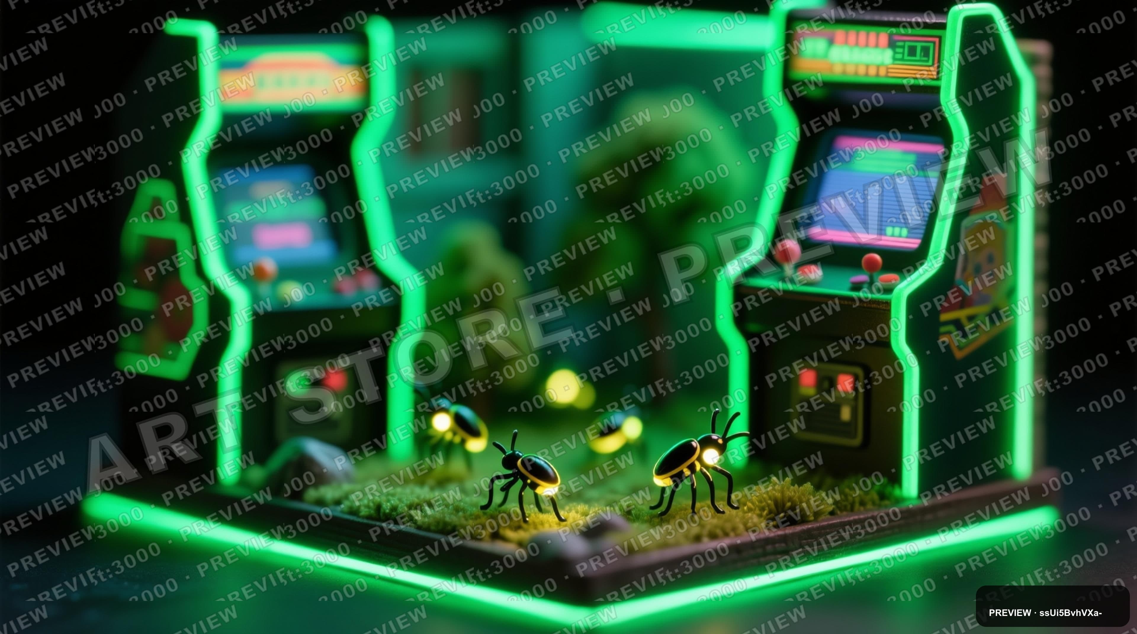 Fireflies, Retro Arcade aesthetic, Miniature Diorama, Meditative mood, Neon G... — wallpaper — 3840×2144, Neon, Cinematic, Meditative