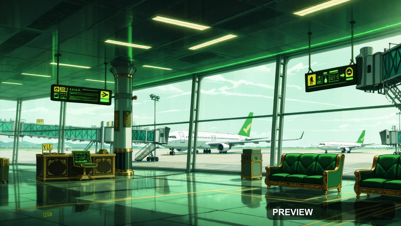 Airport, Luxury aesthetic, Anime, Bold mood, Green accents, Retro vibe, high ... — wallpaper — 3840×2160, Space, Cinematic, Bold