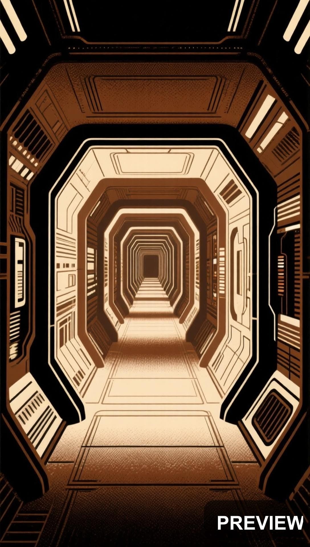 Sci‑Fi Corridor, Surreal aesthetic, Risograph, Serene mood, Brown accents, hi... — wallpaper — 1088×1920, Sci‑Fi, Cinematic, Serene