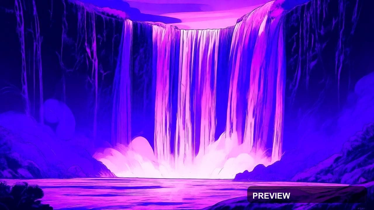Waterfall, Bright aesthetic, Comic Book, Mysterious mood, Violet accents, hig... — wallpaper — 1280×720, Space, Cinematic, Mysterious