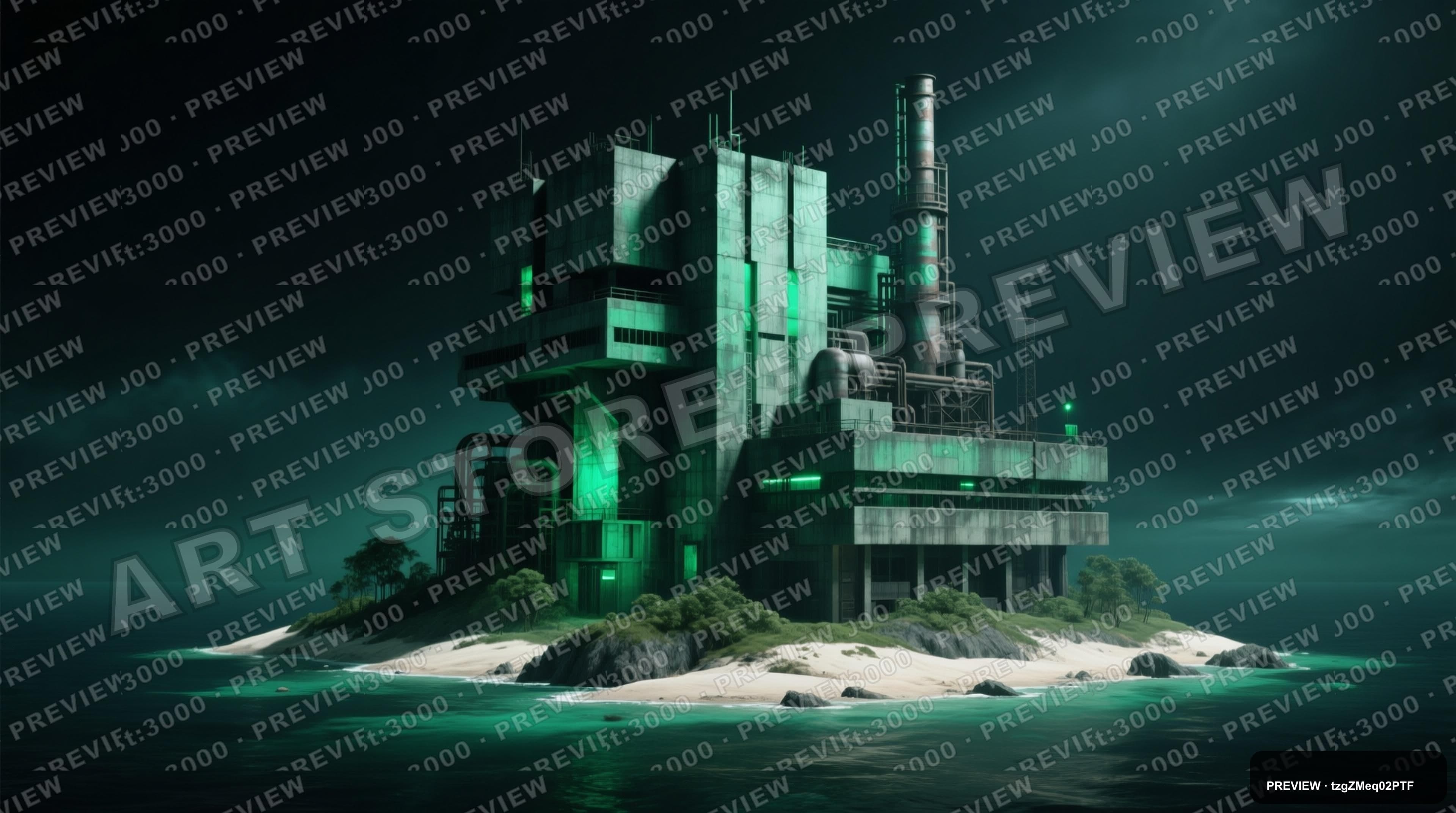 Island, Industrial aesthetic, Brutalist, Noir mood, Emerald accents, high det... — wallpaper — 3840×2144, Neon Noir, Cinematic, Soft