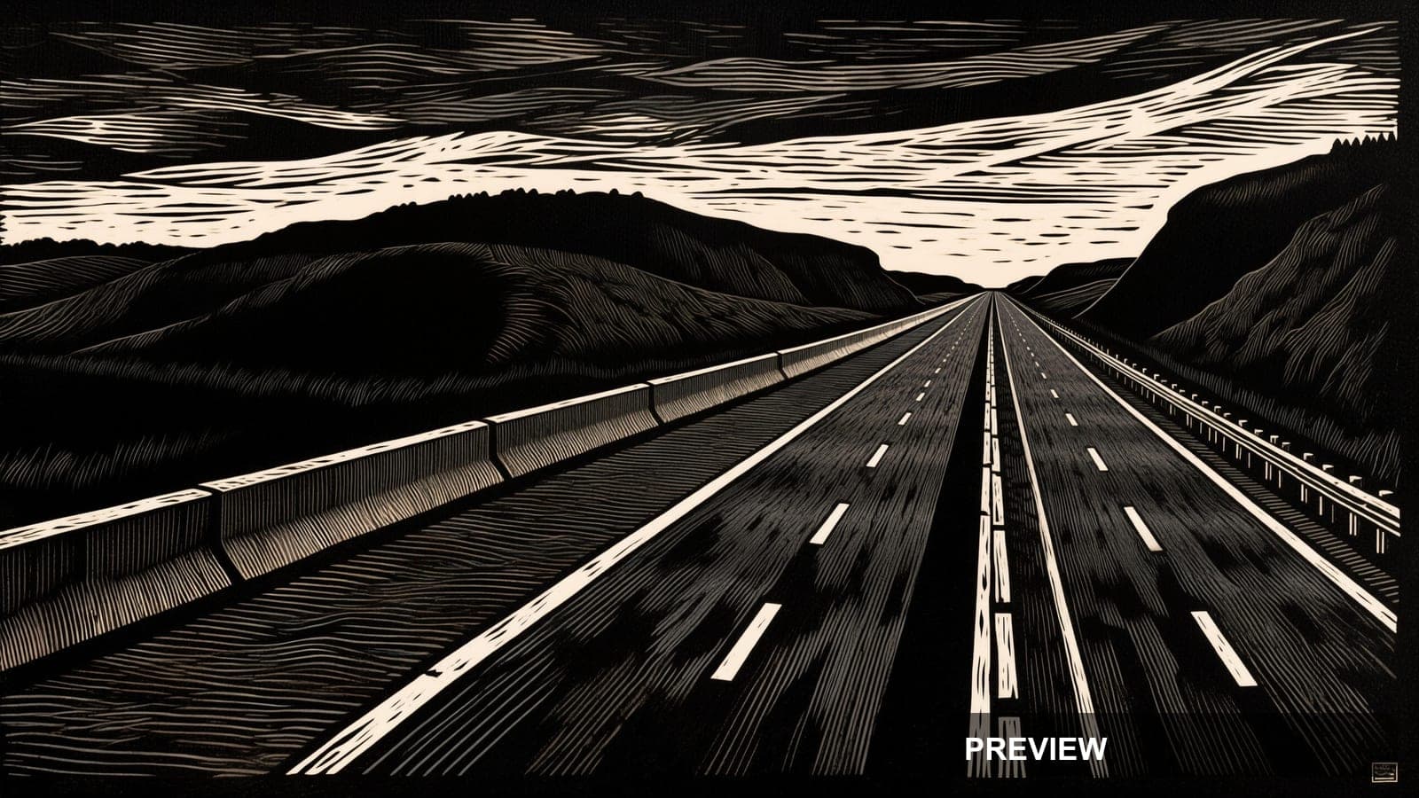 Highway, Surreal aesthetic, Woodcut, Moody mood, High Contrast accents, high ... — wallpaper — 3840×2160, Space, Cinematic, Moody