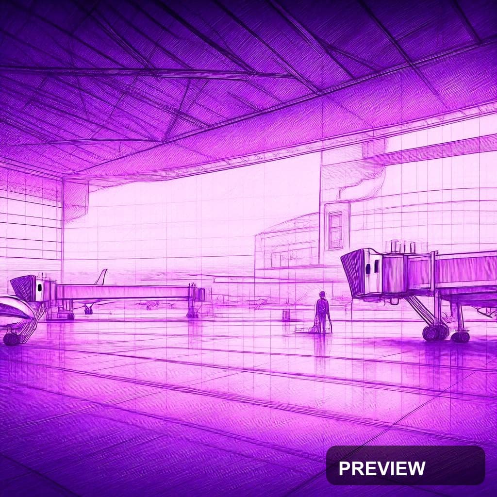 Airport, Geometric aesthetic, Pencil Sketch, Epic mood, Neon Purple accents, ... — wallpaper — 1024×1024, Neon, Cinematic, Soft