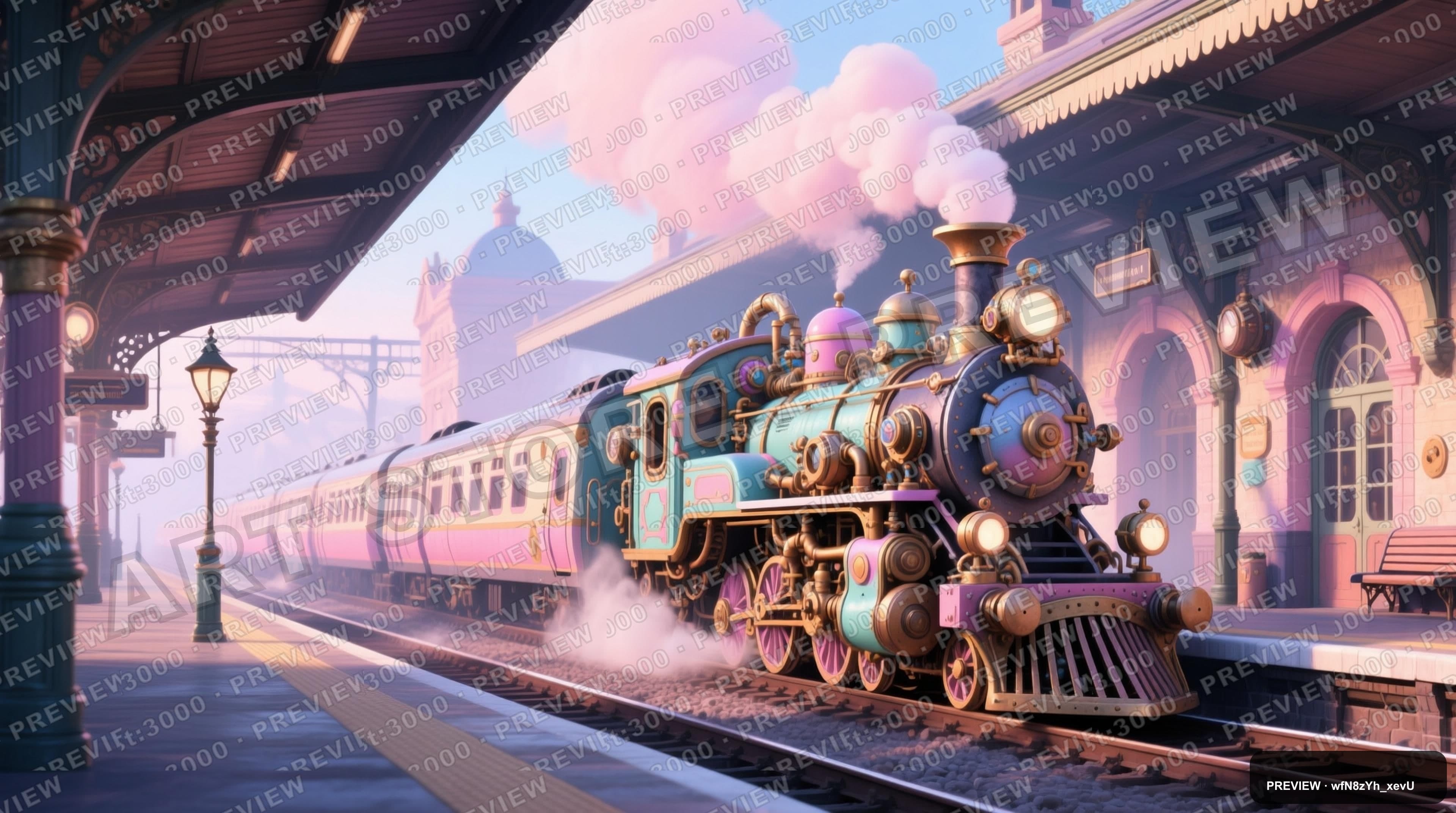Train Station, Steampunk aesthetic, Concept Art, Playful mood, Pastel accents... — wallpaper — 3840×2144, Space, Cinematic, Soft