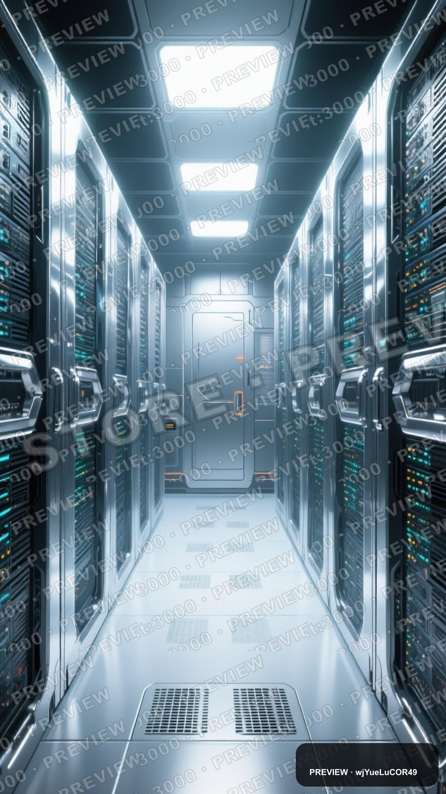 Server Room, Cyberpunk aesthetic, Lithograph, Playful mood, Silver accents, h... — wallpaper — 1440×2560, Cyberpunk, Cinematic, Soft
