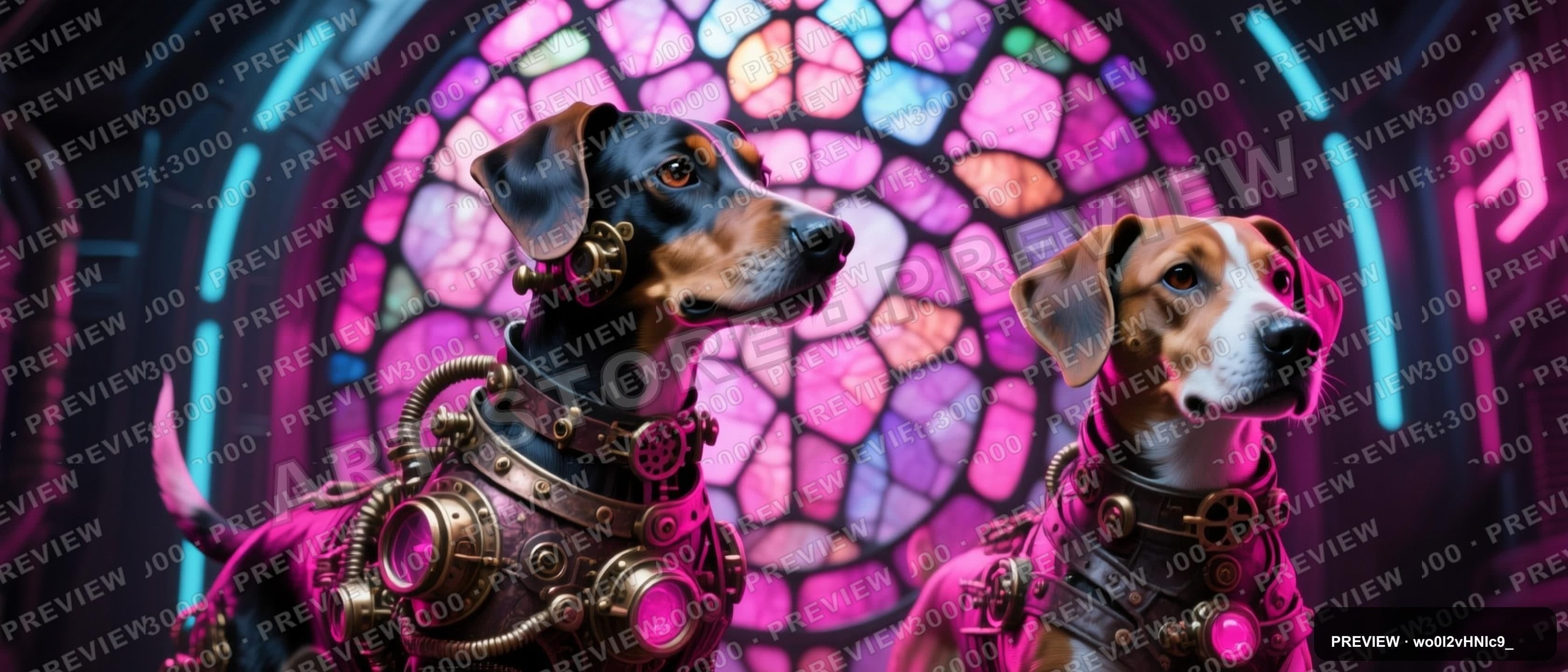 Dogs, Steampunk aesthetic, Stained Glass, Futuristic mood, Magenta accents, 9... — wallpaper — 3360×1440, Space, Cinematic, Soft