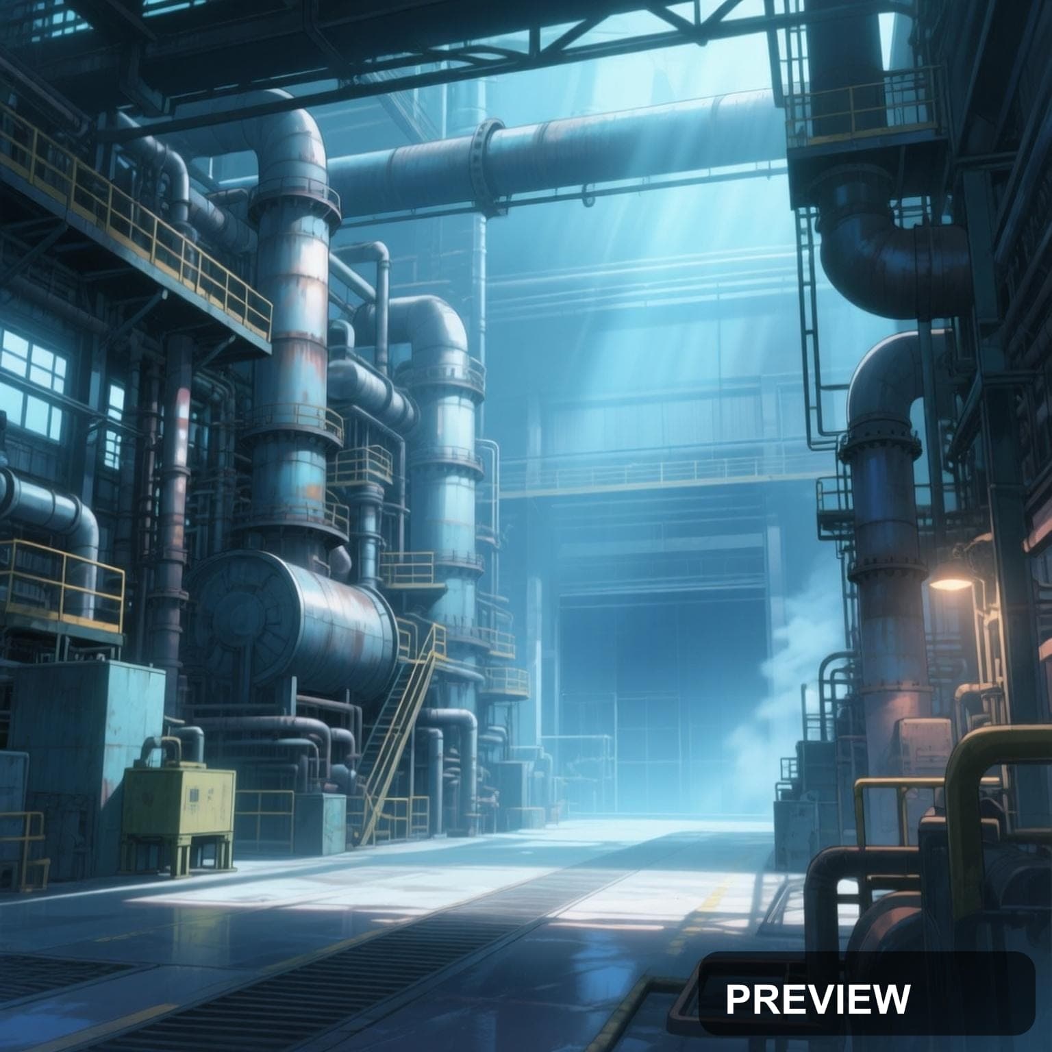 Industrial Factory, Chill aesthetic, Anime, Calm mood, Cool Palette accents, ... — wallpaper — 1536×1536, Space, Cinematic, Calm