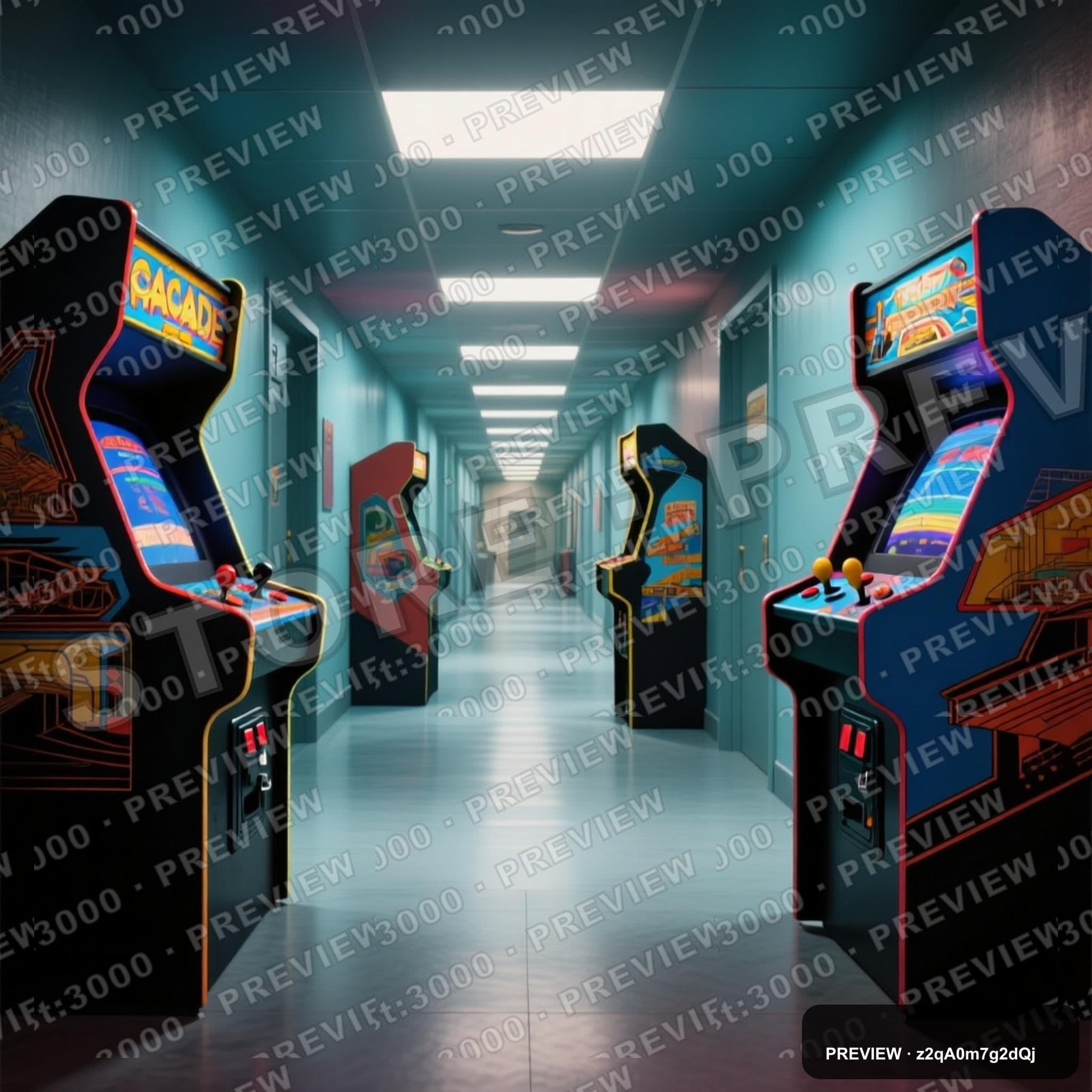 Arcade Hallway, Maximal aesthetic, Travel Poster, Minimal mood, High Contrast... — wallpaper — 2048×2048, Retro Arcade, Cinematic, Minimal