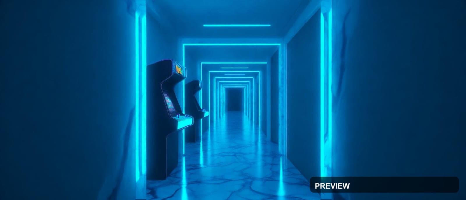 Arcade Hallway, Retro Arcade aesthetic, Cinematic, Minimal mood, Neon Blue ac... — wallpaper — 1680×720, Neon, Cinematic, Minimal